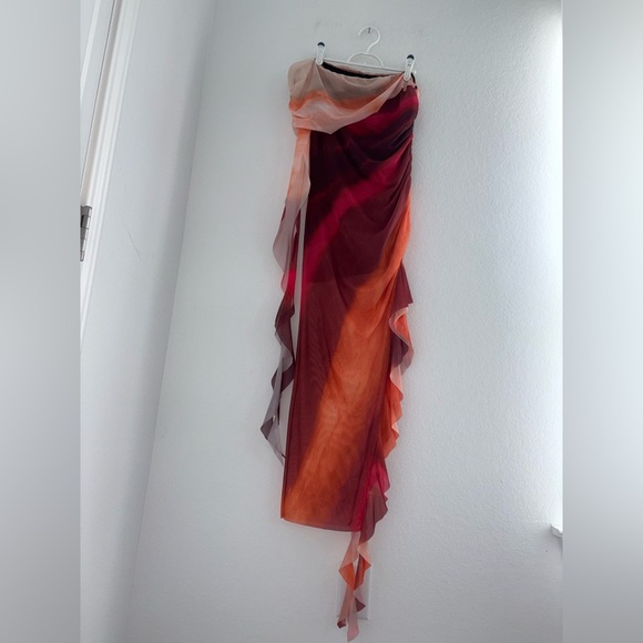 Asymmetric Summer Sunset Tie-Dyed Dress Ruffled Slim Fit - Picture 10 of 13